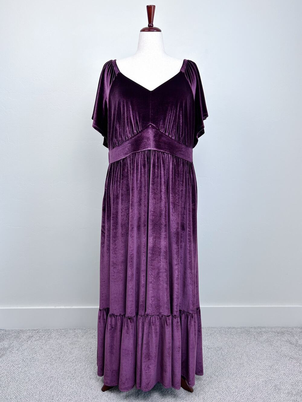 Torrid Winetasting Velvet Stretchy V-Neck Flutter Sleeve Surplice Maxi Dress 3X